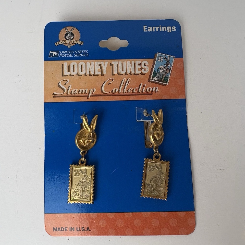1997 Bugs Bunny Stamp Collection Earrings USPS N4-3. Looney Tunes Vintage Gold